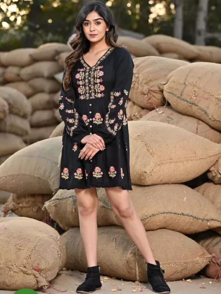 Designer Black Color Western Dress With Embroidery Work in Rayon