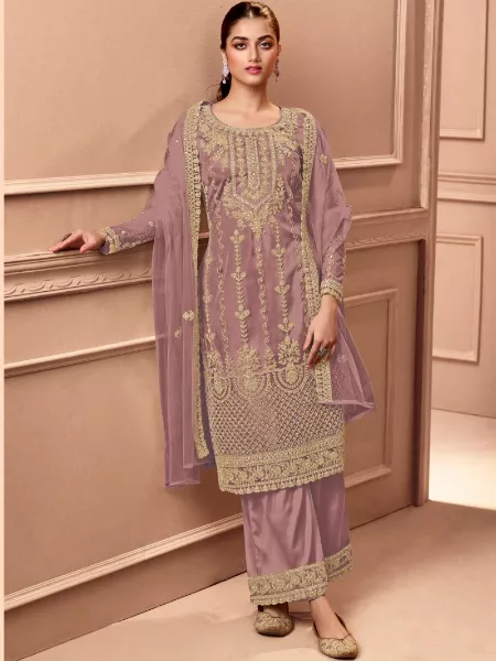 Onion Color Heavy Butterfly Net Salwar Kameez With Embroidery Coding Work