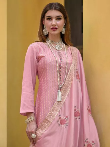 Light Pink Salwar Kameez in Georgette With Sequence and Foil Work With Dupatta