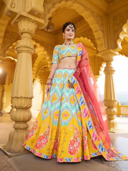 Indian Bridal Lehenga Choli in Sky Color Vaishali Silk With Gota Patti and Real Mirror Work Heavy Bridal Lehenga Choli