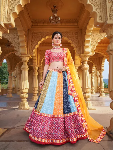 Indian Bridal Lehenga Choli in Multi Color Vaishali Silk With Gota Patti and Real Mirror Work Heavy Bridal Lehenga Choli