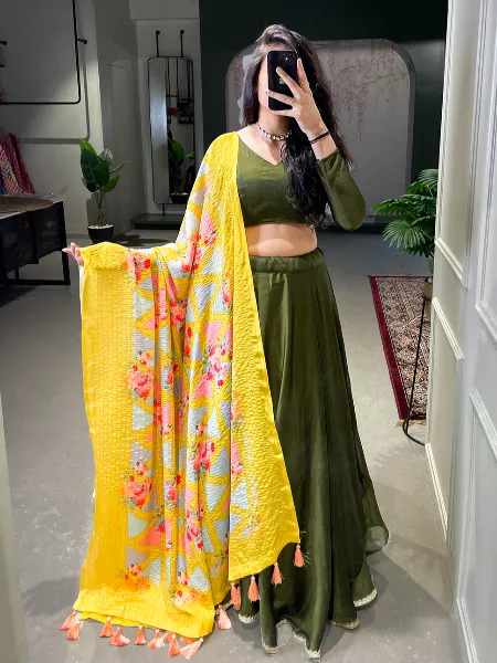 Mehendi Color Bollywood Party Wear Lehenga Choli With Printed Dupatta and 7.50 Meter Big Flair