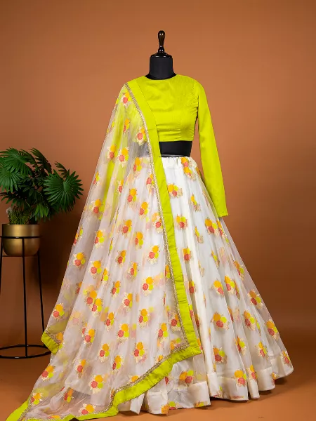 White Color Organza Lehenga Choli With Yellow Blouse and Weaving Work