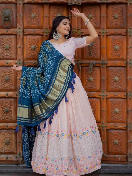 Peach Lucknowi Lehenga Choli in Georgette With Designer Dupatta Indian Wedding Wear Collection