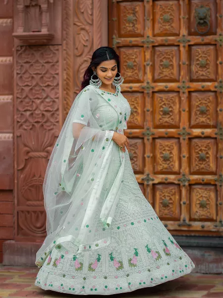 Pista Lucknowi Lehenga Choli in Georgette With Designer Dupatta Indian Wedding Wear Collection