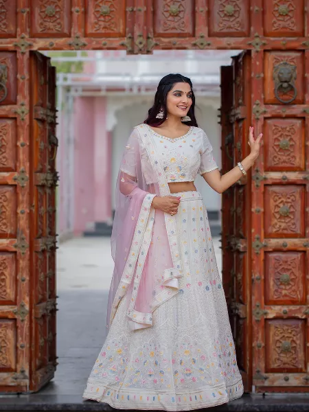 White Lucknowi Lehenga Choli in Georgette With Designer Dupatta Indian Wedding Wear Lehenga