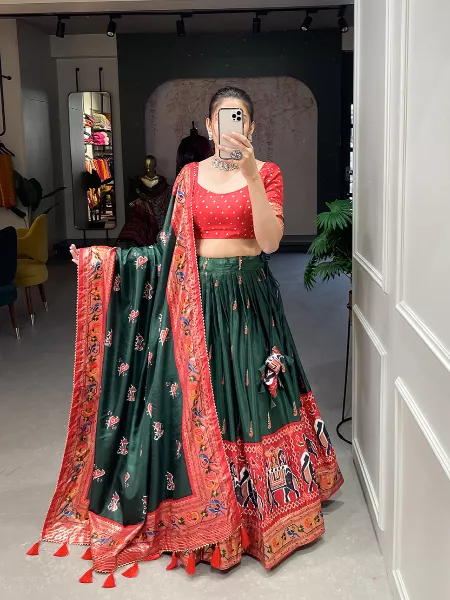 Green Color Lehenga Choli in Patola and Paithani Print With Foil Work and Dupatta