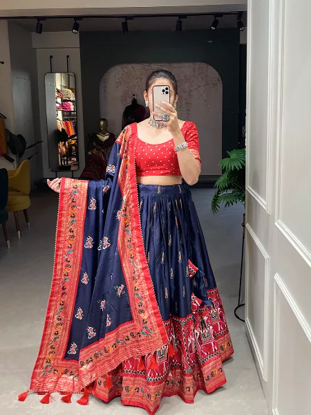 Navy Blue Color Lehenga Choli in Patola and Paithani Print With Foil Work and Dupatta