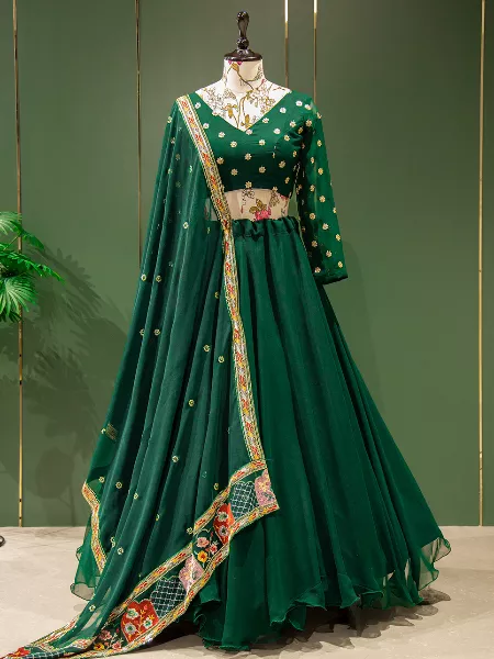 Green Color Georgette Lehenga Choli With Embroidery Blouse and Dupatta