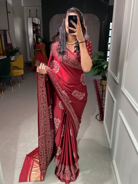 Maroon Color Semi Gaji Silk Saree With Print and Foil Work With Blouse