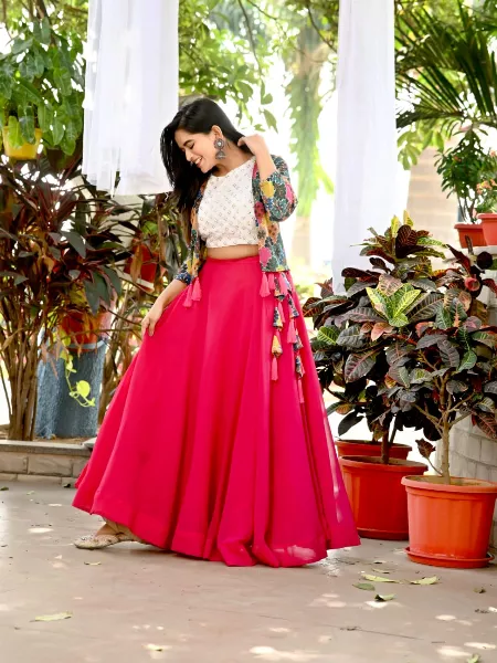 Pink Color Ready to Wear Lehenga Choli With Designer Printed Koti With 8.5 Meter Flair