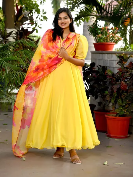 Yellow Color Georgette Gown With Dupatta and 8.5 Meter Big Flair Gown
