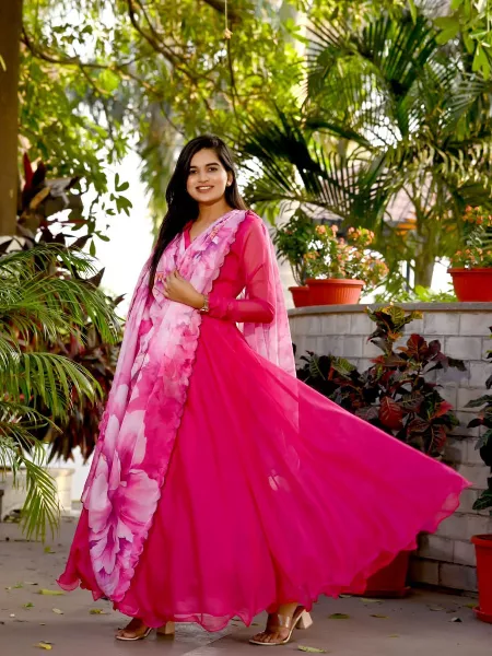 Pink Color Georgette Gown With Dupatta and 8.5 Meter Big Flair Gown
