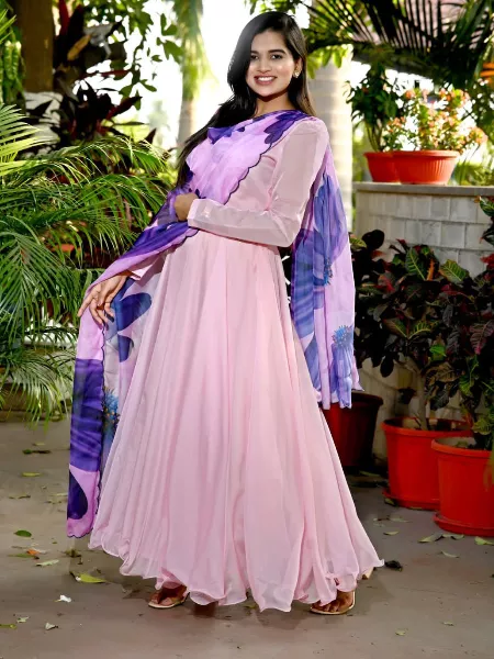 Light Pink Color Georgette Gown With Dupatta and 8.5 Meter Big Flair Gown