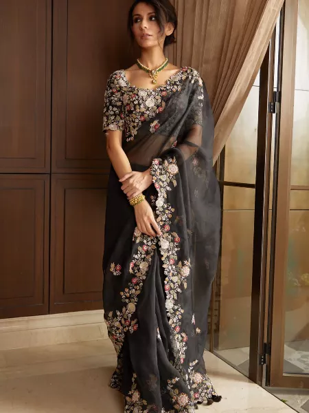 Black Color Indian Bridesmaid Saree in Georgette With Heavy Embroidery Work