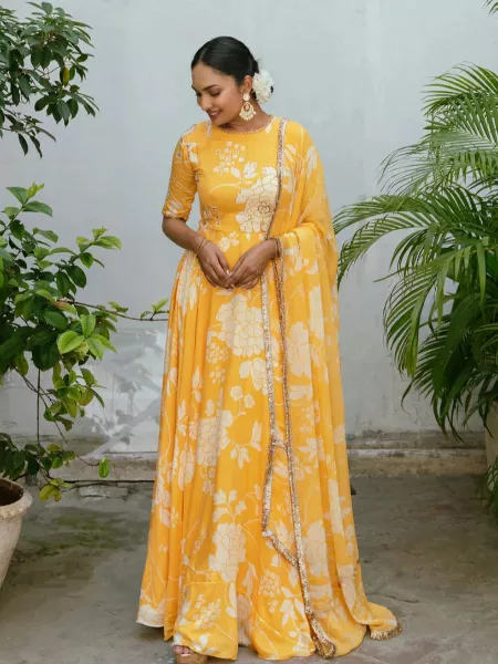 Yellow Color Chinon Gown With 8 Meter Big Flair and Dupatta