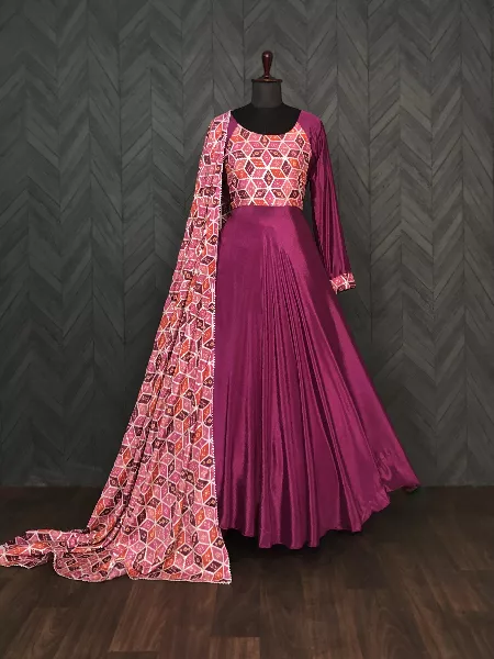 Wine Color Chinon Party Wear Gown With Print and Sequence Work and Dupatta