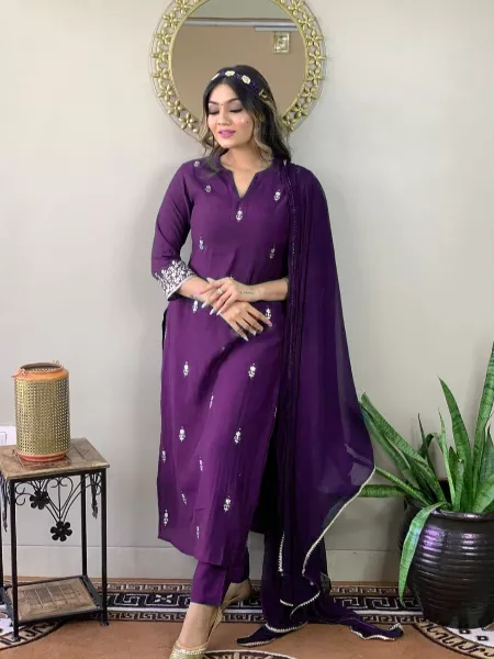 Purple Color Rayon Kurti Pent and Dupatta Set With Embroidery Work