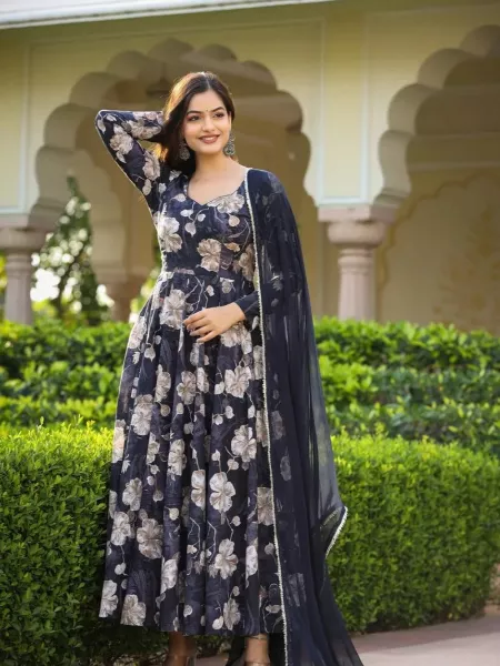 Navy Blue Gown With Dupatta Set for Party With Digital Print Indian Party Wear