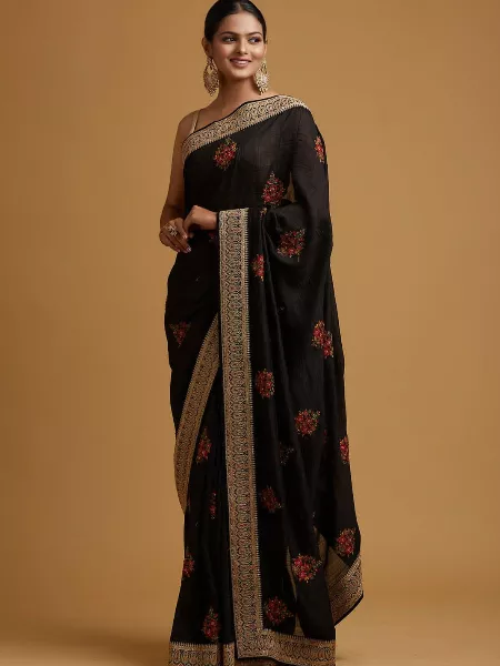 Black Color Soft Vichitra Silk Saree With Designer Cationic Thread Work