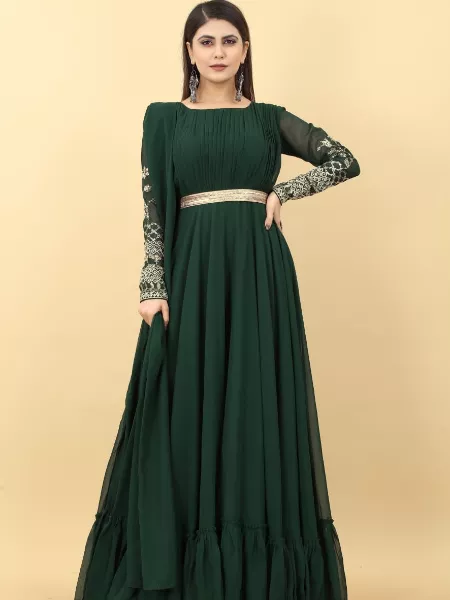 Green Color Georgette Gown With Designer Neck and Embroidery Work
