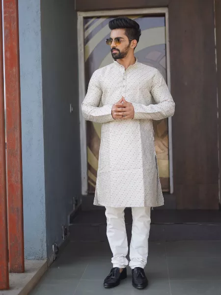 Grey Color Mens Traditional Kurta With Pajama Indian Kurta for Men