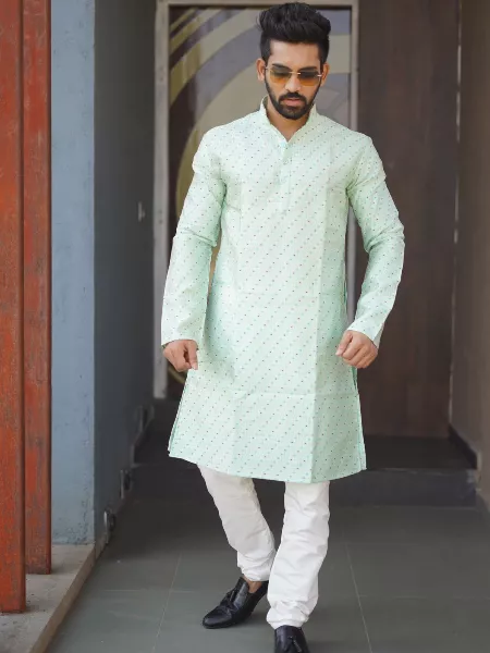 Pista Color Mens Traditional Kurta With Pajama Indian Kurta for Men