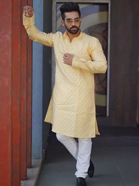 Yellow Color Mens Traditional Kurta With Pajama Indian Kurta for Men