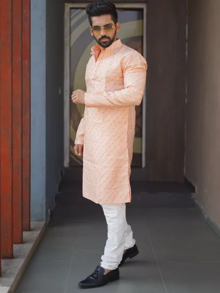 Peach Color Mens Traditional Kurta With Pajama Indian Kurta for Men