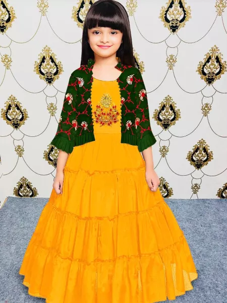 Designer Kids Gown in Yellow Color Vichitra Silk with Sequence Embroidery Jacket