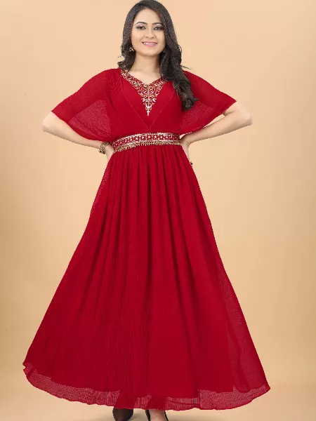 Red Color Gown in Georgette With Embroidery and Stone Latest Trending Gown