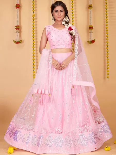 Light Pink Bridal Lehenga Choli in Fancy Net With Sequence Work and Dupatta