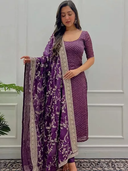 Plus Size Kurta in Purple Color Georgette Fabric With Digital Print and Heavy Work Dupatta