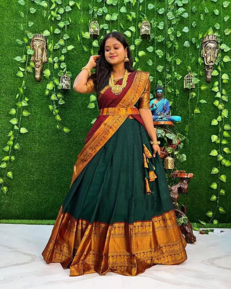 Green Color Kanjivaram Cotton Zari Half Saree Lehenga With Dupatta South  Lehenga in USA, UK, Malaysia, South Africa, Dubai, Singapore