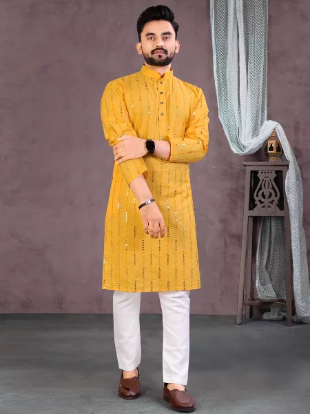 Yellow Color Soft Cotton Mens Kurta and Pajama With Mirror Embroidery Work Traditional Men's Kurta