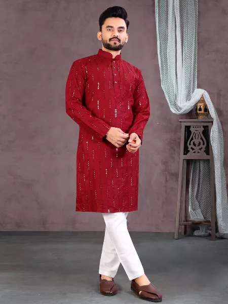 Maroon Color Soft Cotton Mens Kurta and Pajama With Mirror Embroidery Work Traditional Men's Kurta