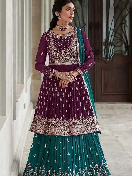 Designer Indo Western in Wine Top With Rama Lehenga and Beautiful Embroidery