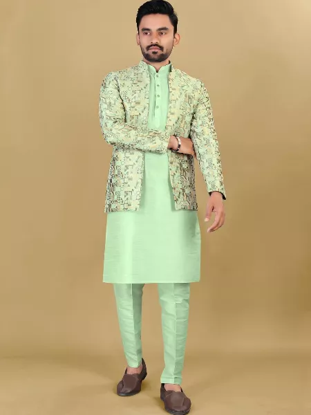 Pista Color Banglori Silk Men's Kurta With Polo Pent and Jacquard Koti Men's Wedding Wear Kurta