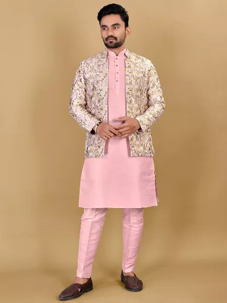 Light Pink Banglori Silk Men's Kurta With Polo Pent and Jacquard Koti Men's Wedding Wear Kurta