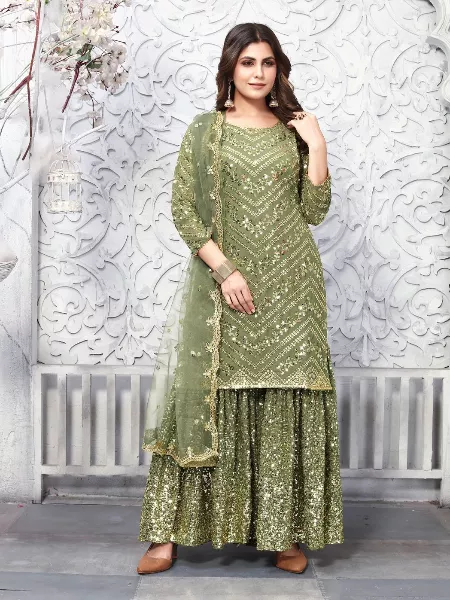 Mehendi Ceremony Sharara Suit With Top and Dupatta in Georgette With Sequence Work