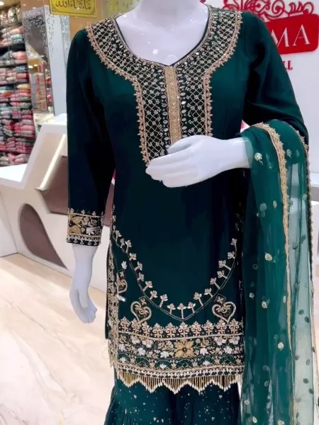 Green Color Eid Festival Wear Sharara Suit With Top and Dupatta With Heavy Embroidery