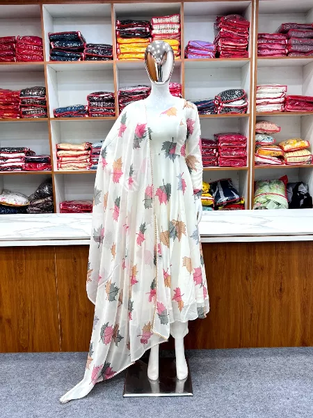White Soft Chiffon Gown With Leaf Print and Dupatta With 6.5 Meter Big Flair