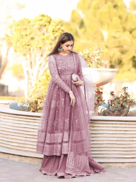 Dusty Pink Soft Net Sharara Suit With Dupatta and Heavy Sequence Embroidery for Wedding Sharara