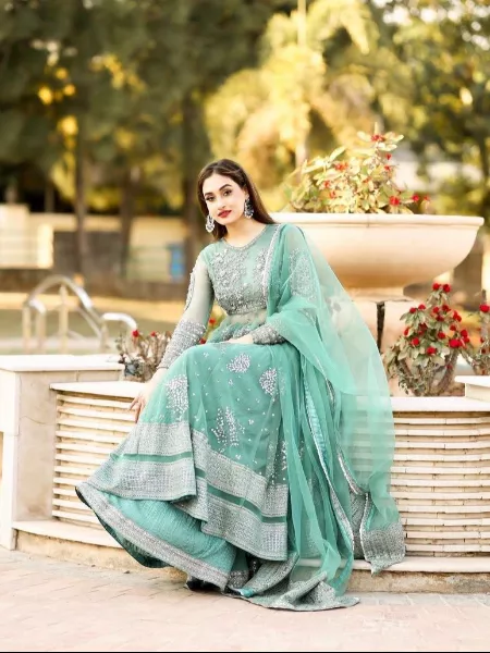 Light Green Soft Net Sharara Suit With Dupatta and Heavy Sequence Embroidery for Wedding Sharara
