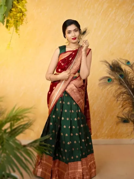 Green Color Half Saree Lehenga With Maroon Dupatta South Indian Pavadai Thavani