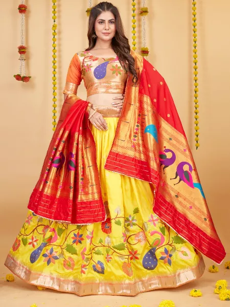 Paithani Lehenga Choli in Yellow With Weaving Zari Work and Beautiful Dupatta Haldi Lehenga Choli