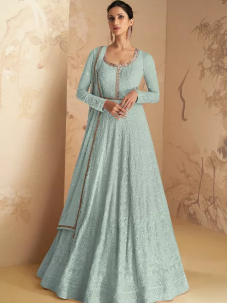 Sky Blue Anarkali Suit in Georgette With Sequence and Cotton Thread Embroidery