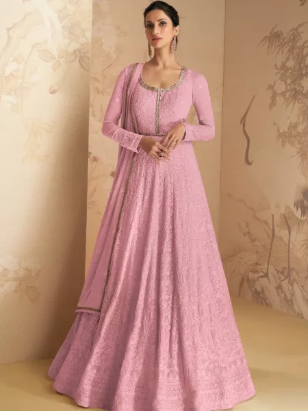 Pink Anarkali Suit in Georgette With Sequence and Cotton Thread Embroidery