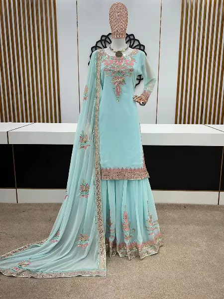 Sky Blue Designer Sharara Suit With Beautiful Sequence Embroidery and Dupatta