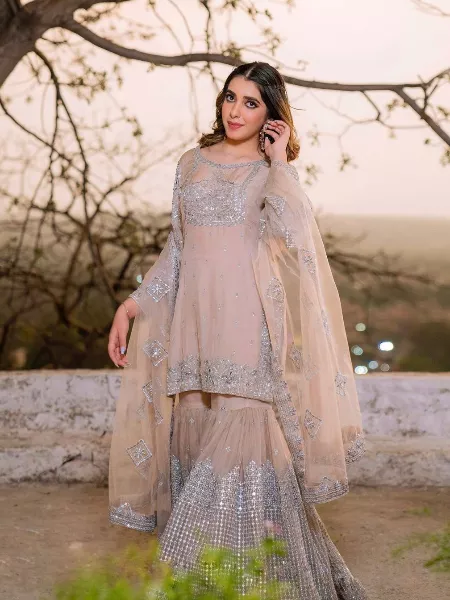 Dusty Pink Designer Sharara Suit With Sequence Embroidery Work and Dupatta